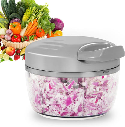 Manual Food Processor Vegetable Chopper 2.3 Cup Small Mini Hand Pull String Onion Chopper Garlic Mincer Cutter with 3 Stainless Steel Blades - White