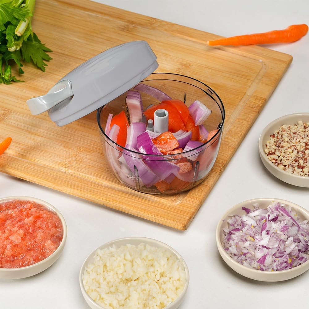 Manual Food Processor Vegetable Chopper 2.3 Cup Small Mini Hand Pull String Onion Chopper Garlic Mincer Cutter with 3 Stainless Steel Blades - White