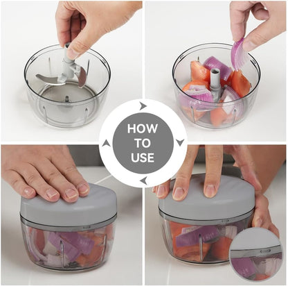 Manual Food Processor Vegetable Chopper 2.3 Cup Small Mini Hand Pull String Onion Chopper Garlic Mincer Cutter with 3 Stainless Steel Blades - White