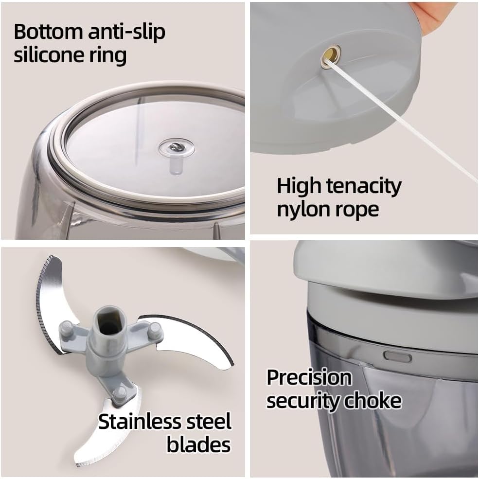 Manual Food Processor Vegetable Chopper 2.3 Cup Small Mini Hand Pull String Onion Chopper Garlic Mincer Cutter with 3 Stainless Steel Blades - White