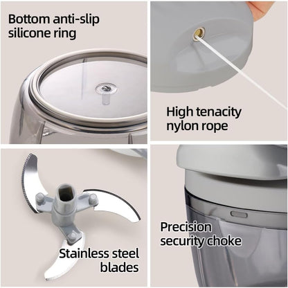 Manual Food Processor Vegetable Chopper 2.3 Cup Small Mini Hand Pull String Onion Chopper Garlic Mincer Cutter with 3 Stainless Steel Blades - White