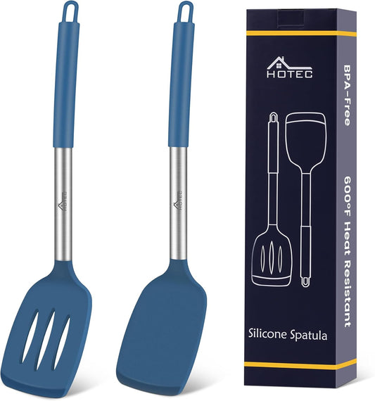 Silicone Spatula Set of 2 Heat-Resistant 600°F & BPA-Free Kitchen SaptulaTurner with Stainless Steel Handles, Slotted & Solid Spatulas for Nonstick Cookware, 13.7 Inch, Classic Blue