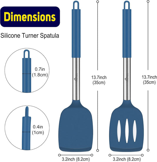 Silicone Spatula Set of 2 Heat-Resistant 600°F & BPA-Free Kitchen SaptulaTurner with Stainless Steel Handles, Slotted & Solid Spatulas for Nonstick Cookware, 13.7 Inch, Classic Blue