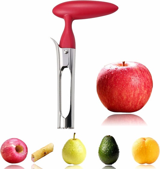 Premium Stainless Steel Apple Corer, Professional Fruit Core Remover Tool with Ergonomic Red Handle, Serrated Blades for Apples, Pears, Peaches, Plums, Easy Use & Clean (Red)