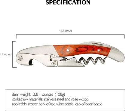 Exquiste Waiter Corkscrew for Bartenders, Professional Wine Opener With Premium Rosewood Handle,Double Hinged Bottle Opener with Serrated Foil Cutter for Sommelier, Bartend