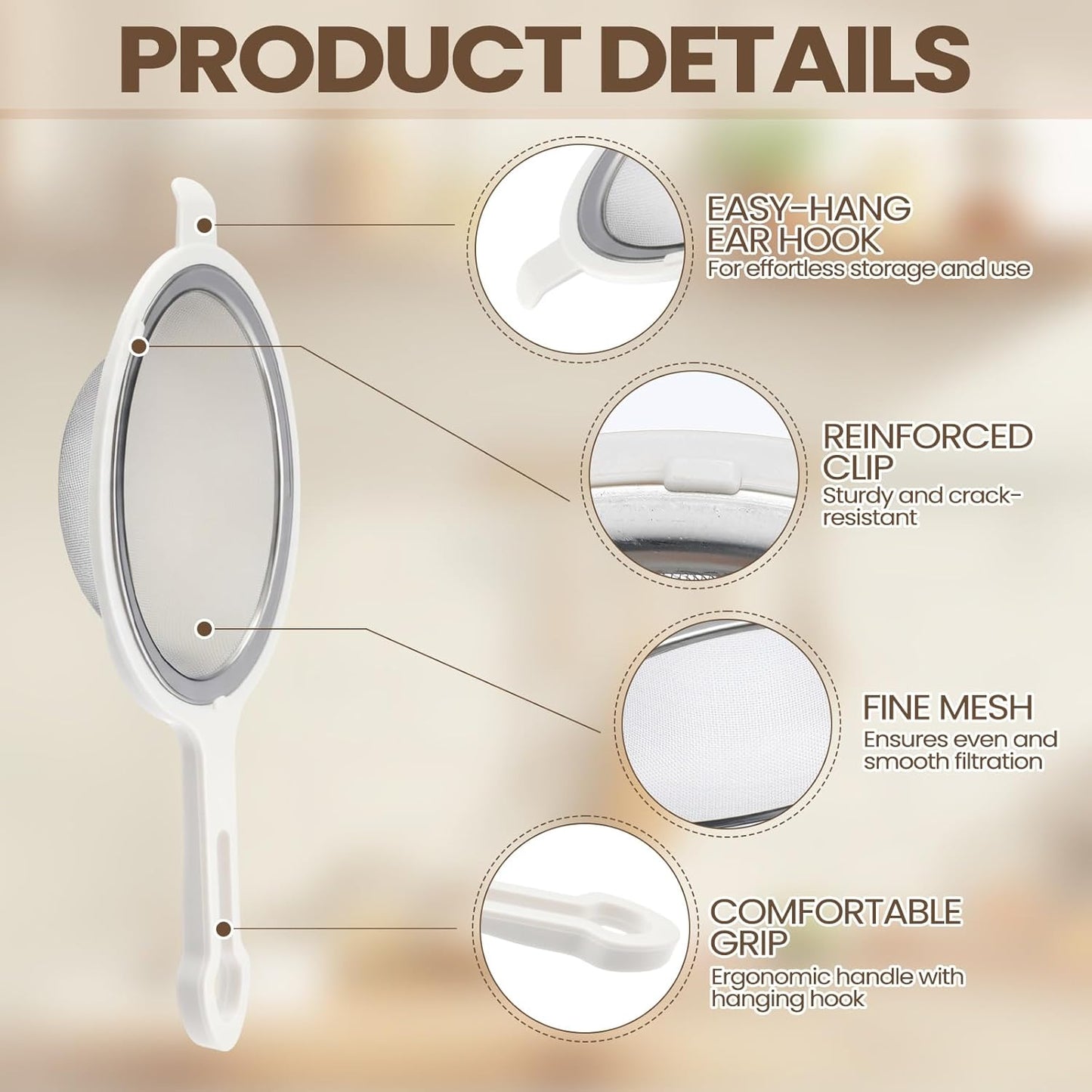 Set of 3 Stainless Steel Mesh Strainer 304 Fine Mesh Filters with Ergonomic Handles and Hanging Ears for Oil Filter Skimming Grease and Foam(White)
