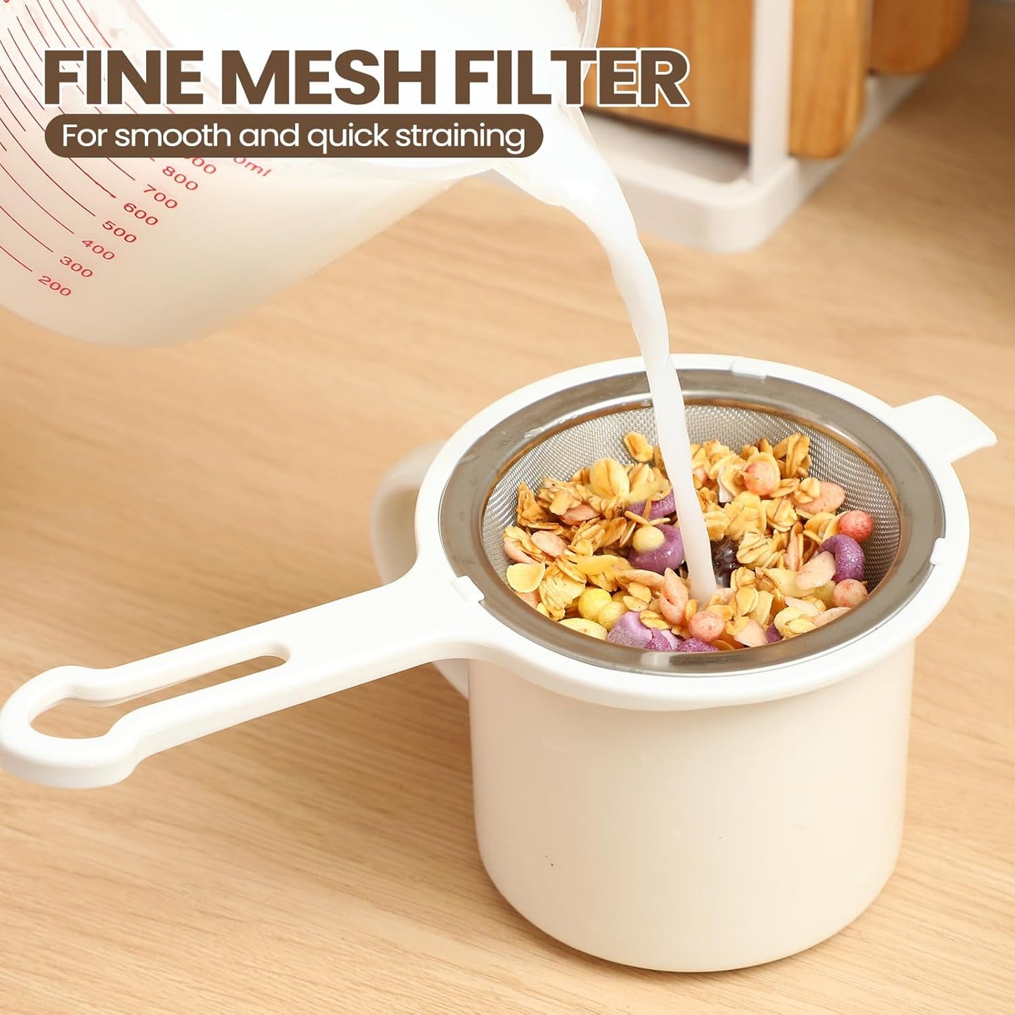Set of 3 Stainless Steel Mesh Strainer 304 Fine Mesh Filters with Ergonomic Handles and Hanging Ears for Oil Filter Skimming Grease and Foam(White)