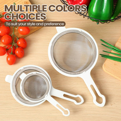 Set of 3 Stainless Steel Mesh Strainer 304 Fine Mesh Filters with Ergonomic Handles and Hanging Ears for Oil Filter Skimming Grease and Foam(White)
