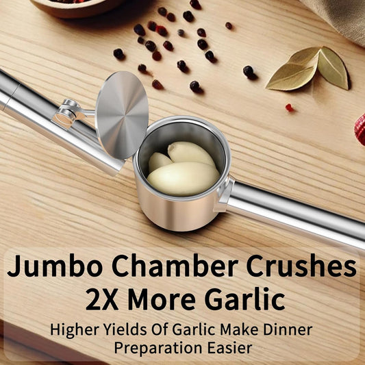 5-in-1 Stainless Steel Garlic Press Set with Jumbo Chamber & Mincer - Heavy Duty Rustproof Garlic Crusher with Ergonomic Handle, Dishwasher Safe, Easy Squeeze Design for Ginger, Nuts, Herbs