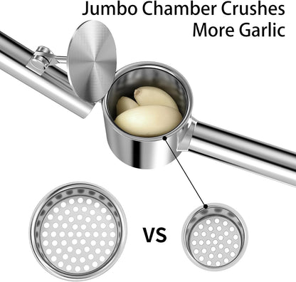 5-in-1 Stainless Steel Garlic Press Set with Jumbo Chamber & Mincer - Heavy Duty Rustproof Garlic Crusher with Ergonomic Handle, Dishwasher Safe, Easy Squeeze Design for Ginger, Nuts, Herbs