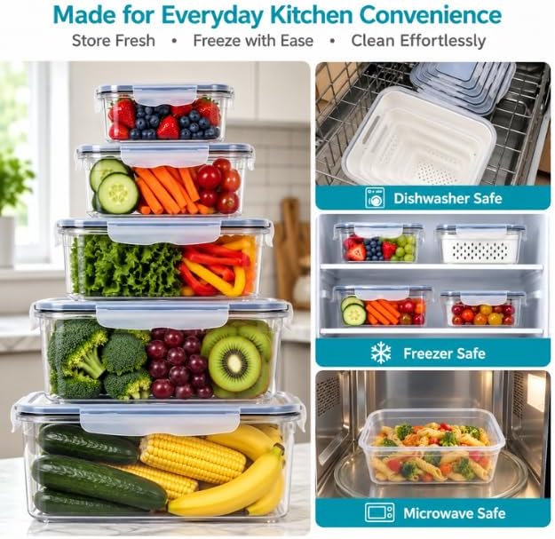 Large Food Storage Containers with Lids Airtight-85 OZ to small Containers-Total 526OZ Stackable Kitchen Set -BPA Free Leak proof containers- Freezer Microwave safe