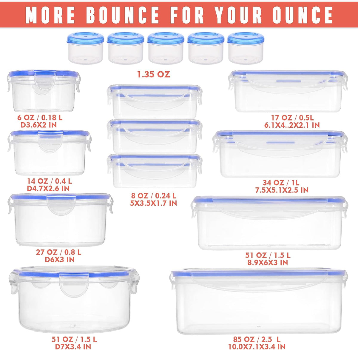 Large Food Storage Containers with Lids Airtight-85 OZ to small Containers-Total 526OZ Stackable Kitchen Set -BPA Free Leak proof containers- Freezer Microwave safe