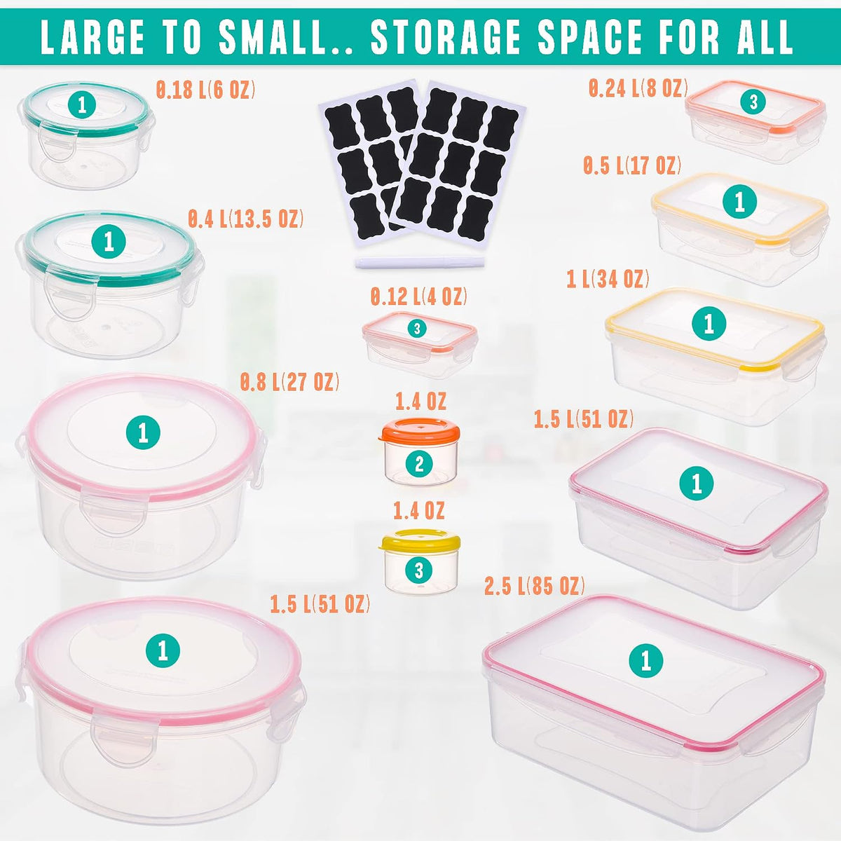 Large Food Storage Containers with Lids Airtight-85 OZ to small Containers-Total 526OZ Stackable Kitchen Set -BPA Free Leak proof containers- Freezer Microwave safe