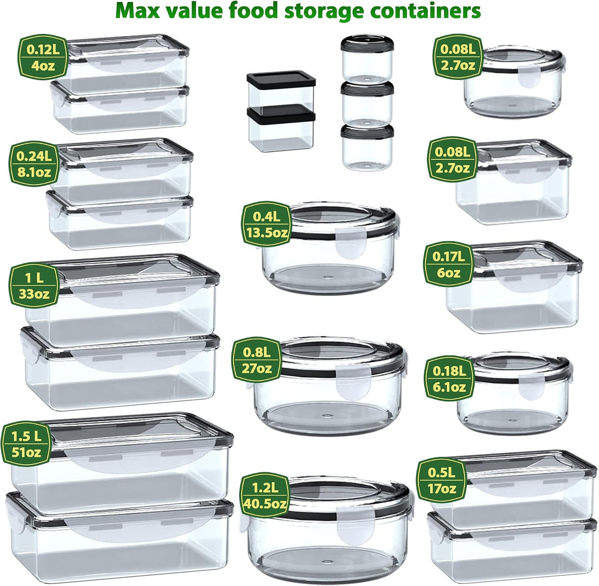 Large Food Storage Containers with Lids Airtight-85 OZ to small Containers-Total 526OZ Stackable Kitchen Set -BPA Free Leak proof containers- Freezer Microwave safe