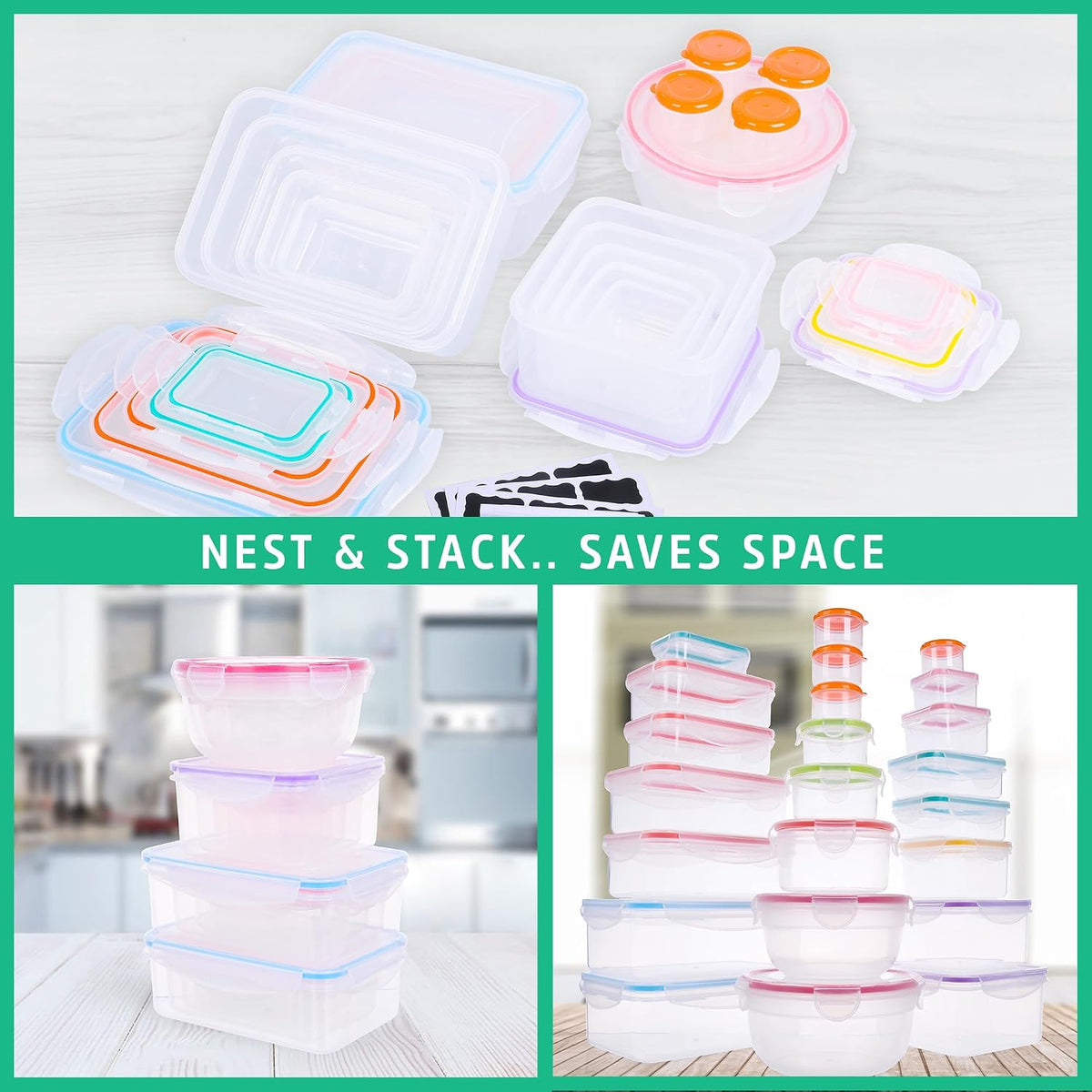 Large Food Storage Containers with Lids Airtight-85 OZ to small Containers-Total 526OZ Stackable Kitchen Set -BPA Free Leak proof containers- Freezer Microwave safe