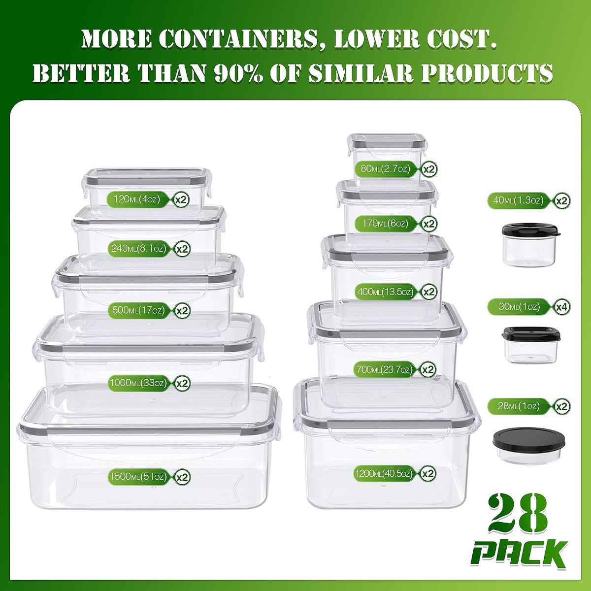Large Food Storage Containers with Lids Airtight-85 OZ to small Containers-Total 526OZ Stackable Kitchen Set -BPA Free Leak proof containers- Freezer Microwave safe