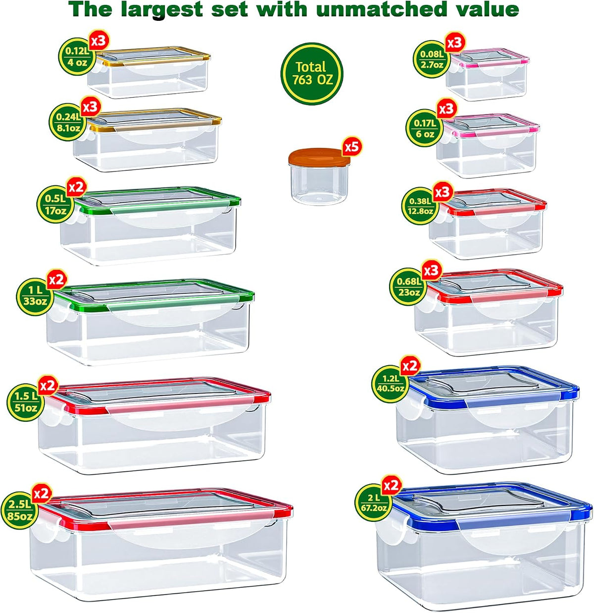 Large Food Storage Containers with Lids Airtight-85 OZ to small Containers-Total 526OZ Stackable Kitchen Set -BPA Free Leak proof containers- Freezer Microwave safe