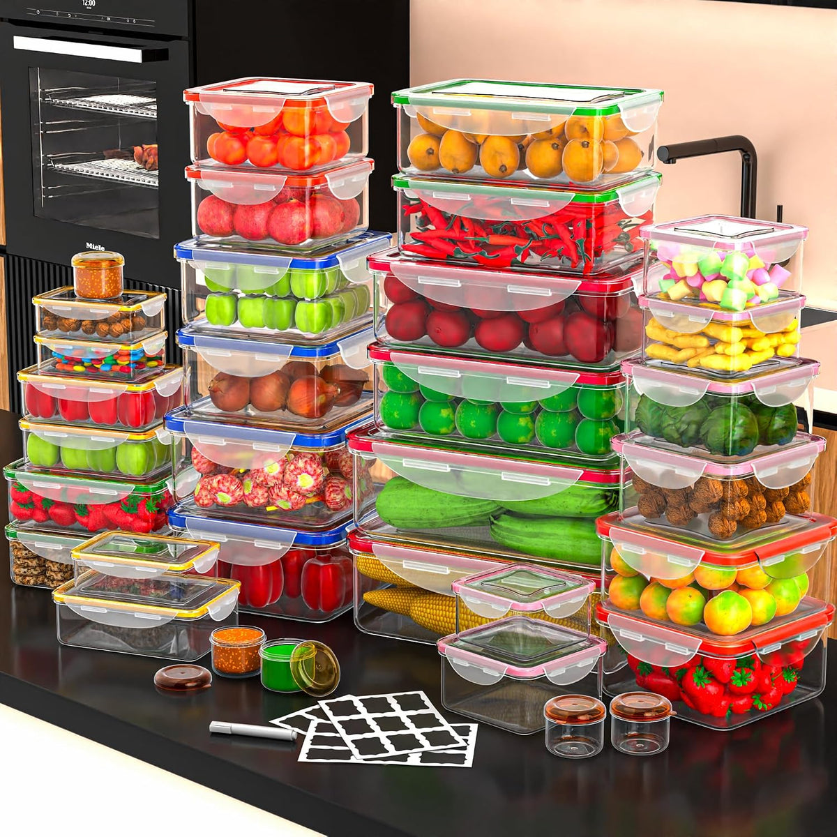 Large Food Storage Containers with Lids Airtight-85 OZ to small Containers-Total 526OZ Stackable Kitchen Set -BPA Free Leak proof containers- Freezer Microwave safe