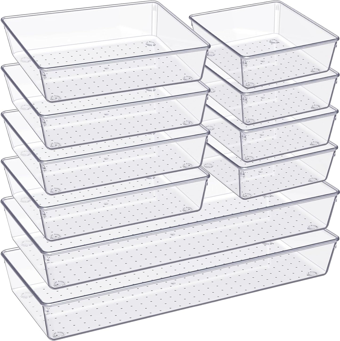 Drawer Organizer, 10 Pack Large Clear Plastic Set, 3 Size Versatile Bathroom and Vanity Organizer Trays, Storage Bins for Makeup, Bedroom, Kitchen Utensils