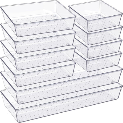Drawer Organizer, 10 Pack Large Clear Plastic Set, 3 Size Versatile Bathroom and Vanity Organizer Trays, Storage Bins for Makeup, Bedroom, Kitchen Utensils