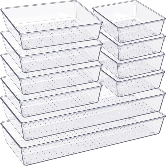 Drawer Organizer, 10 Pack Large Clear Plastic Set, 3 Size Versatile Bathroom and Vanity Organizer Trays, Storage Bins for Makeup, Bedroom, Kitchen Utensils