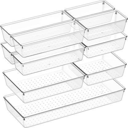 Drawer Organizer, 10 Pack Large Clear Plastic Set, 3 Size Versatile Bathroom and Vanity Organizer Trays, Storage Bins for Makeup, Bedroom, Kitchen Utensils