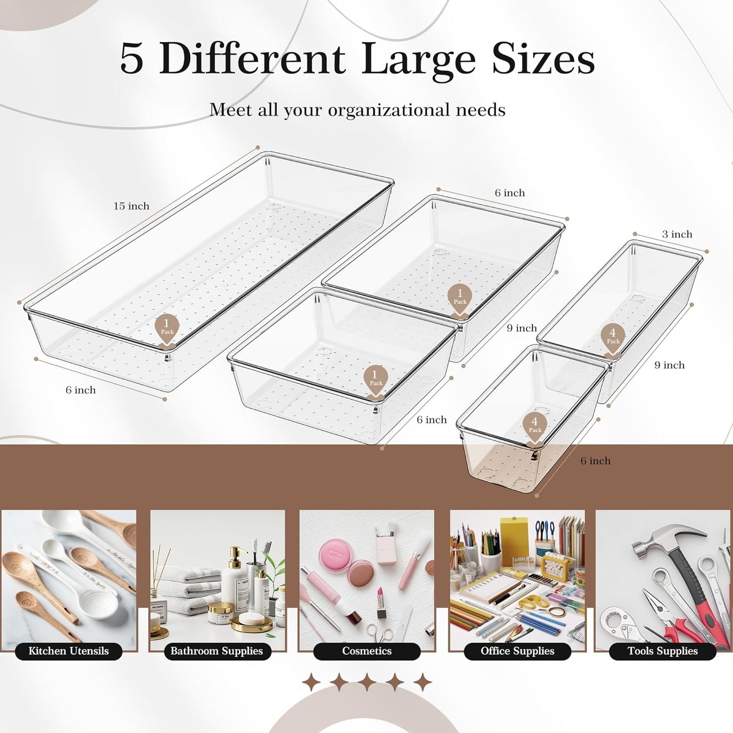 Drawer Organizer, 10 Pack Large Clear Plastic Set, 3 Size Versatile Bathroom and Vanity Organizer Trays, Storage Bins for Makeup, Bedroom, Kitchen Utensils