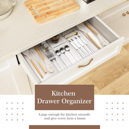 Drawer Organizer, 10 Pack Large Clear Plastic Set, 3 Size Versatile Bathroom and Vanity Organizer Trays, Storage Bins for Makeup, Bedroom, Kitchen Utensils