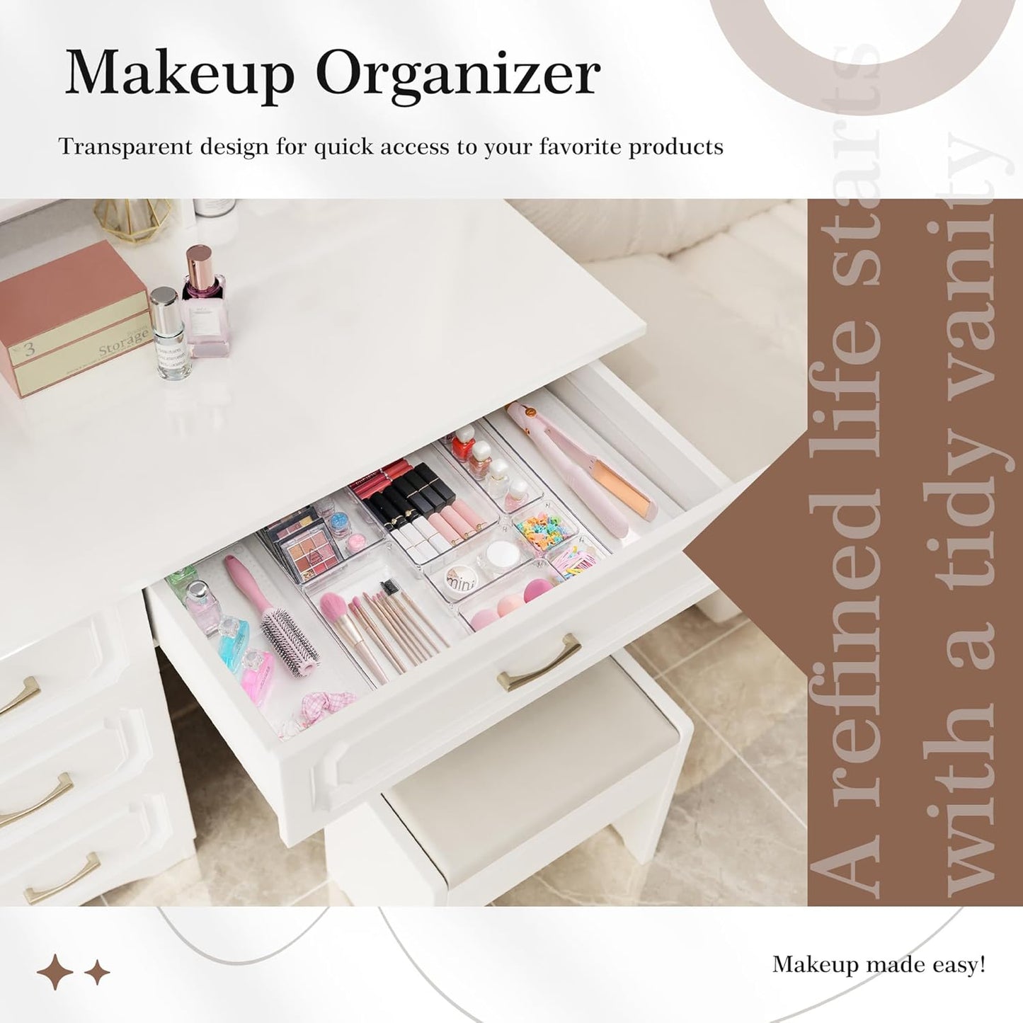 Drawer Organizer, 10 Pack Large Clear Plastic Set, 3 Size Versatile Bathroom and Vanity Organizer Trays, Storage Bins for Makeup, Bedroom, Kitchen Utensils
