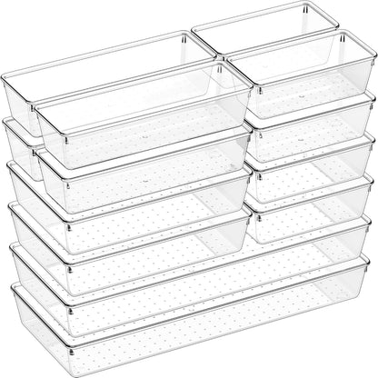 Drawer Organizer, 10 Pack Large Clear Plastic Set, 3 Size Versatile Bathroom and Vanity Organizer Trays, Storage Bins for Makeup, Bedroom, Kitchen Utensils