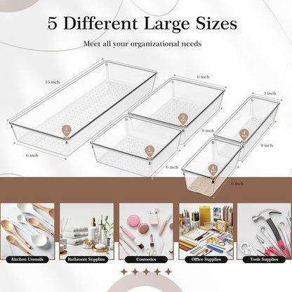 Drawer Organizer, 10 Pack Large Clear Plastic Set, 3 Size Versatile Bathroom and Vanity Organizer Trays, Storage Bins for Makeup, Bedroom, Kitchen Utensils