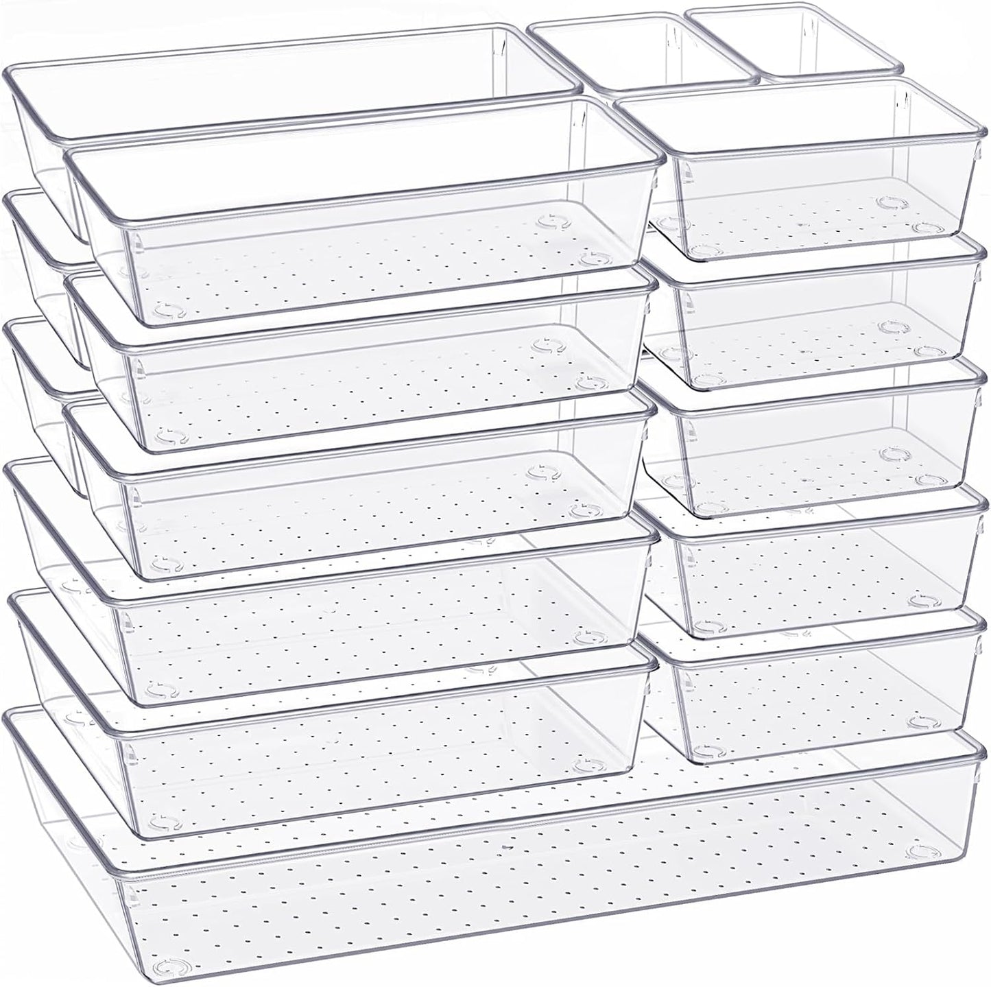 Drawer Organizer, 10 Pack Large Clear Plastic Set, 3 Size Versatile Bathroom and Vanity Organizer Trays, Storage Bins for Makeup, Bedroom, Kitchen Utensils
