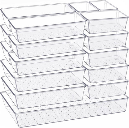 Drawer Organizer, 10 Pack Large Clear Plastic Set, 3 Size Versatile Bathroom and Vanity Organizer Trays, Storage Bins for Makeup, Bedroom, Kitchen Utensils