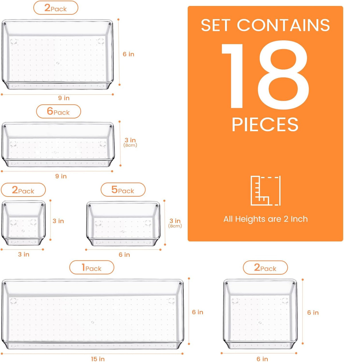 Drawer Organizer, 10 Pack Large Clear Plastic Set, 3 Size Versatile Bathroom and Vanity Organizer Trays, Storage Bins for Makeup, Bedroom, Kitchen Utensils