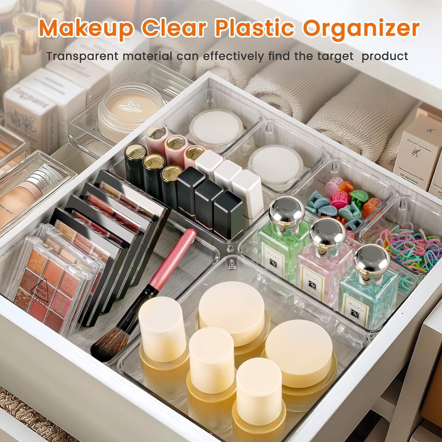 Drawer Organizer, 10 Pack Large Clear Plastic Set, 3 Size Versatile Bathroom and Vanity Organizer Trays, Storage Bins for Makeup, Bedroom, Kitchen Utensils