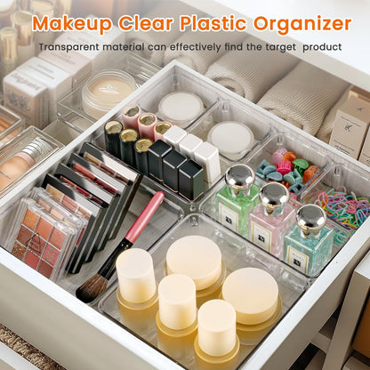 Drawer Organizer, 10 Pack Large Clear Plastic Set, 3 Size Versatile Bathroom and Vanity Organizer Trays, Storage Bins for Makeup, Bedroom, Kitchen Utensils