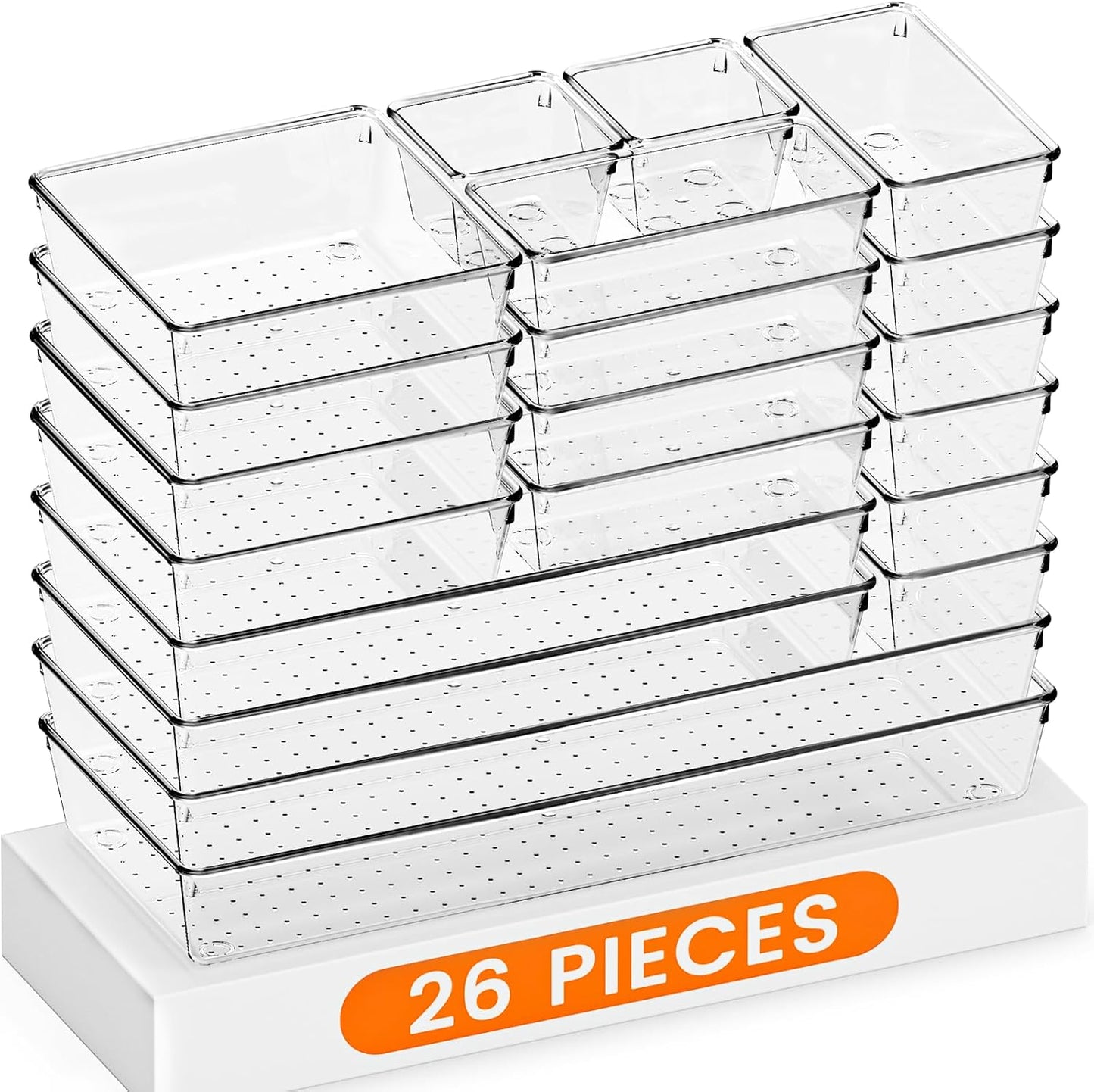 Drawer Organizer, 10 Pack Large Clear Plastic Set, 3 Size Versatile Bathroom and Vanity Organizer Trays, Storage Bins for Makeup, Bedroom, Kitchen Utensils