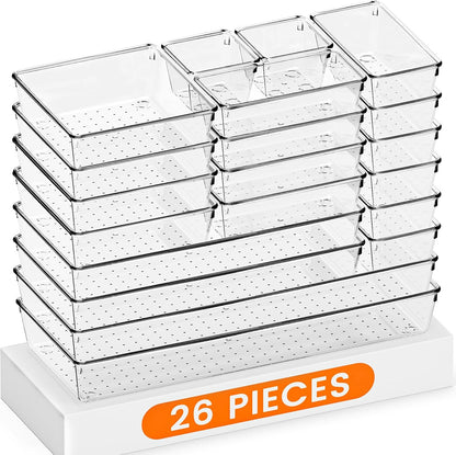 Drawer Organizer, 10 Pack Large Clear Plastic Set, 3 Size Versatile Bathroom and Vanity Organizer Trays, Storage Bins for Makeup, Bedroom, Kitchen Utensils