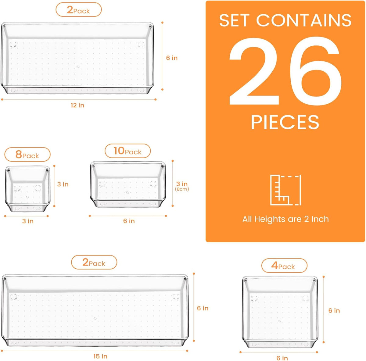 Drawer Organizer, 10 Pack Large Clear Plastic Set, 3 Size Versatile Bathroom and Vanity Organizer Trays, Storage Bins for Makeup, Bedroom, Kitchen Utensils