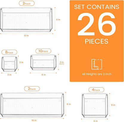 Drawer Organizer, 10 Pack Large Clear Plastic Set, 3 Size Versatile Bathroom and Vanity Organizer Trays, Storage Bins for Makeup, Bedroom, Kitchen Utensils