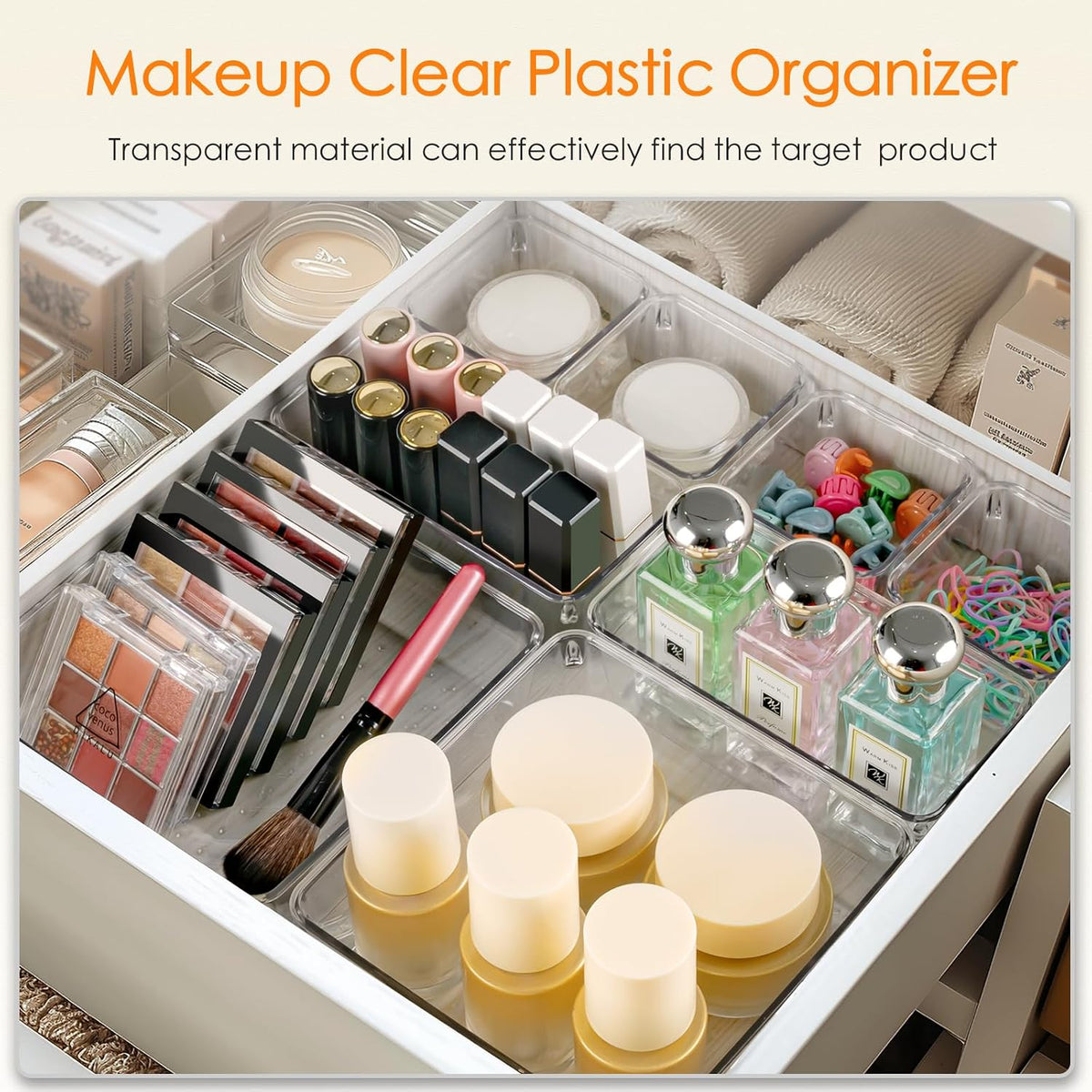 Drawer Organizer, 10 Pack Large Clear Plastic Set, 3 Size Versatile Bathroom and Vanity Organizer Trays, Storage Bins for Makeup, Bedroom, Kitchen Utensils