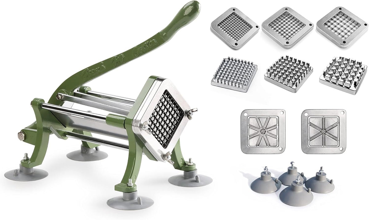 Commercial Grade French Fry Cutter with Complete Combo Sets, Die Cast Iron and 18/8 Stainless Steel, 1/4-Inch, 3/8-Inch, 1/2-Inch, 6-Wedge, and 8-Wedge Replacement Blades