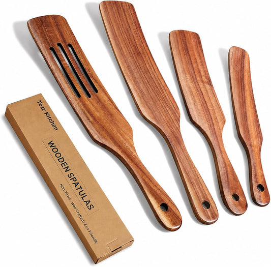 Spurtle Set, Natural Acacia Wooden Kitchen Utensils Set of 4, Wooden Spoons Utensils for Cooking, stirring, Mixing, Serving, spurtles kitchen tools as seen on tv for NonSick Cookware