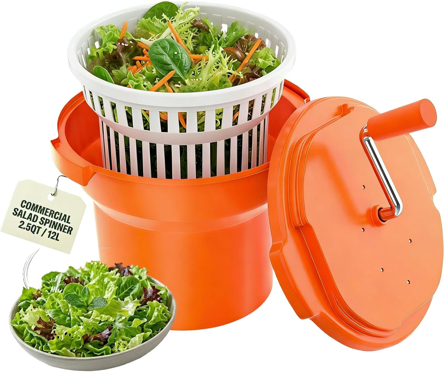 Commercial Salad Spinner - 2.5 Gallon Salad Dryer w/Aluminum Handle & Draining Hose, 10Qt Manual Salad Spinner for up to 3 Heads of Lettuce Spinner Large for Catering Kitchen