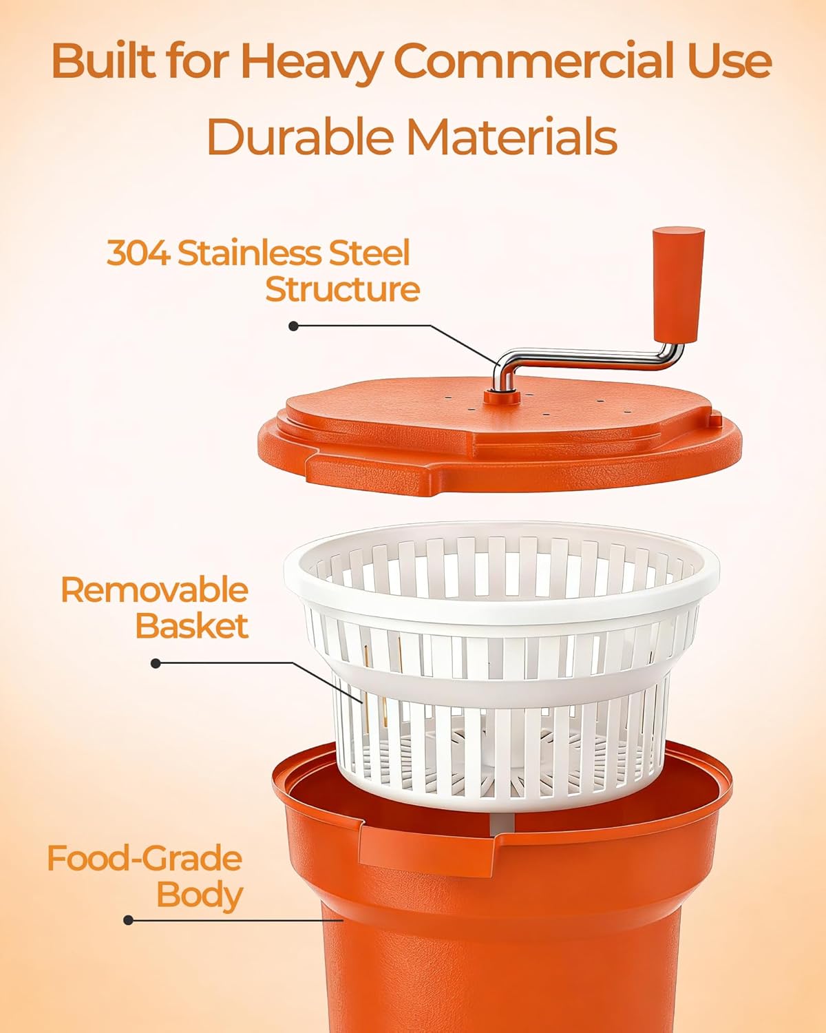 Commercial Salad Spinner - 2.5 Gallon Salad Dryer w/Aluminum Handle & Draining Hose, 10Qt Manual Salad Spinner for up to 3 Heads of Lettuce Spinner Large for Catering Kitchen