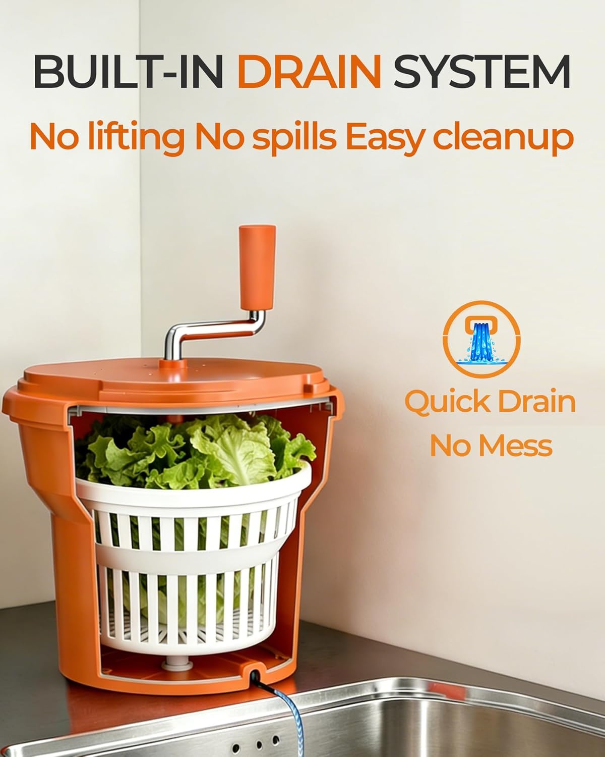 Commercial Salad Spinner - 2.5 Gallon Salad Dryer w/Aluminum Handle & Draining Hose, 10Qt Manual Salad Spinner for up to 3 Heads of Lettuce Spinner Large for Catering Kitchen