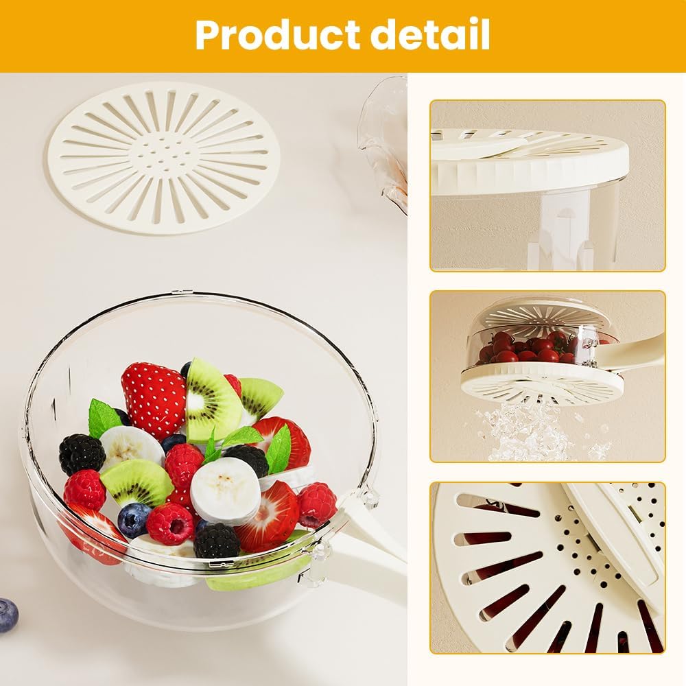 Multifunctional Fruit and Vegetable Washing Bowl, 2025 New Fruit Washing Bowl with Strainer, Fruit Strainer Container with Lid, Fruit Drainer Container with Handle for Vegetable Washing (Brown)