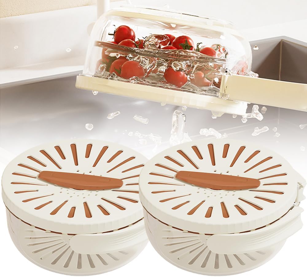 Multifunctional Fruit and Vegetable Washing Bowl, 2025 New Fruit Washing Bowl with Strainer, Fruit Strainer Container with Lid, Fruit Drainer Container with Handle for Vegetable Washing (Brown)