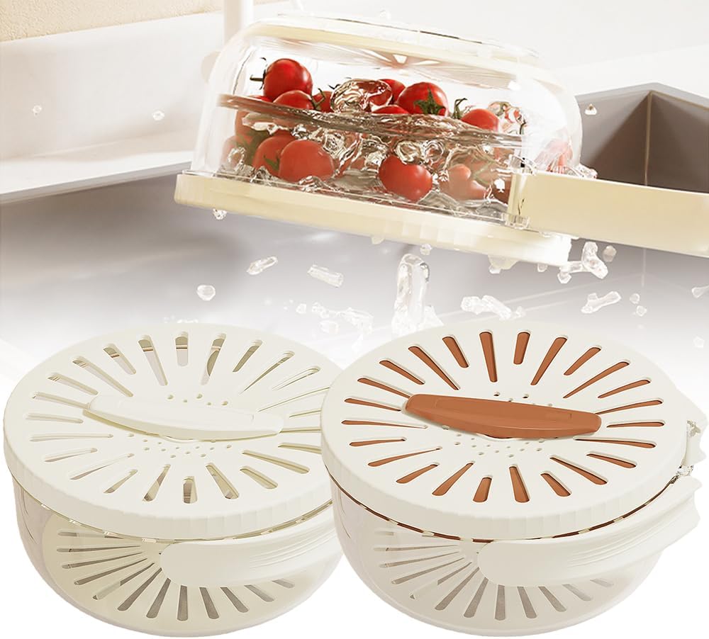 Multifunctional Fruit and Vegetable Washing Bowl, 2025 New Fruit Washing Bowl with Strainer, Fruit Strainer Container with Lid, Fruit Drainer Container with Handle for Vegetable Washing (Brown)