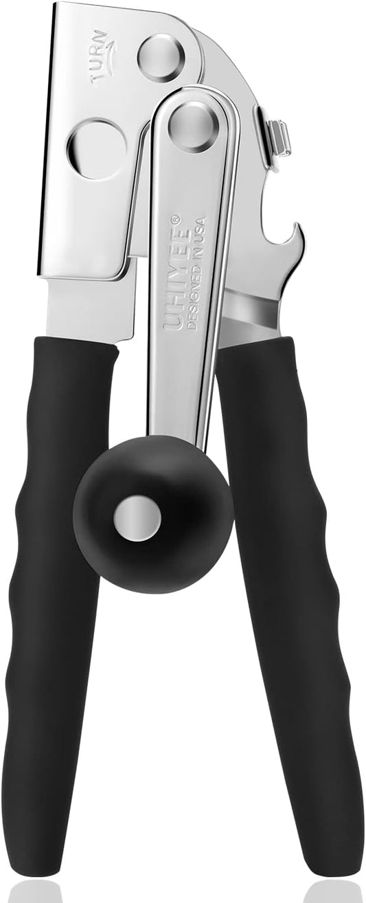 Commercial Can Opener Heavy Duty, Hand Crank for Large Cans, Black | Manual Can Opener, High-Carbon Blade, Extra-Long Handle, Oversize Knob, Built-in Magnet & Bottle Opener, For #10 Cans
